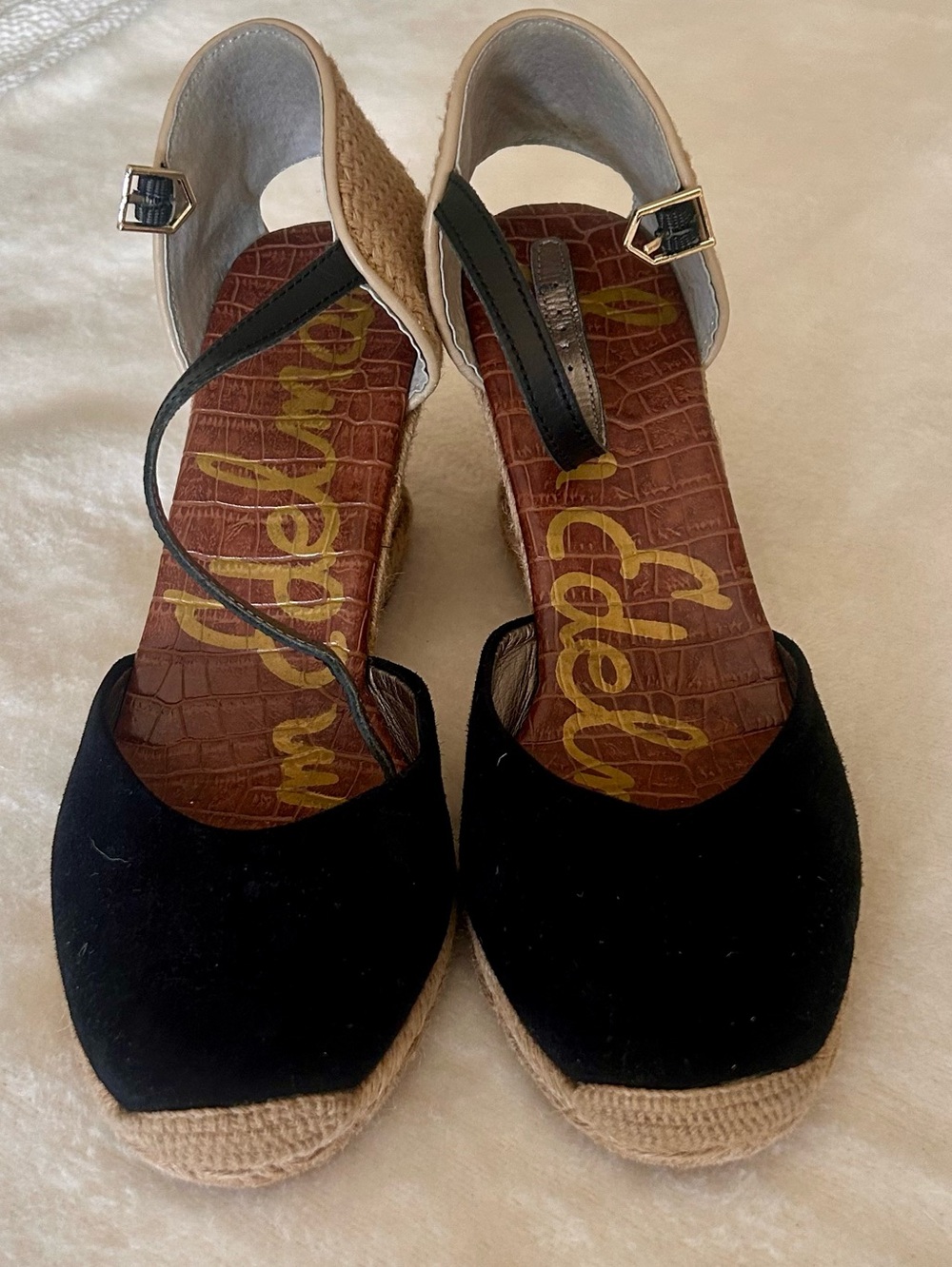 Sam Edelman Black Espadrille Wedge Sandals with Brown Insole, 3.5” heel height